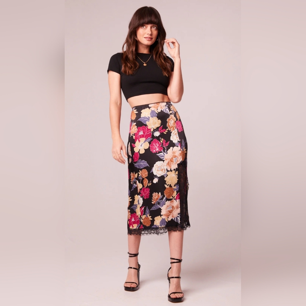 We The Free By FP Lilou Black Floral Lace Slip Midi Skirt- Band Of The Free